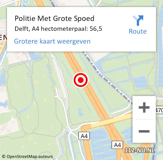 Locatie op kaart van de 112 melding: Politie Met Grote Spoed Naar Delft, A4 hectometerpaal: 56,5 op 21 juli 2021 17:23