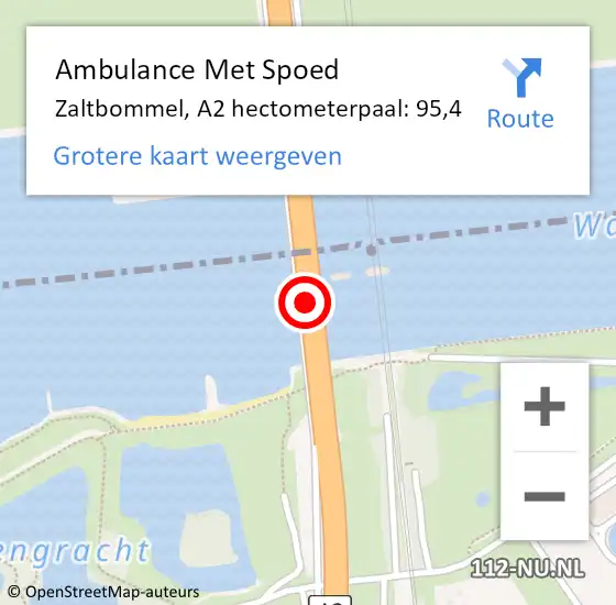 Locatie op kaart van de 112 melding: Ambulance Met Spoed Naar Zaltbommel, A2 hectometerpaal: 95,4 op 21 juli 2021 18:11