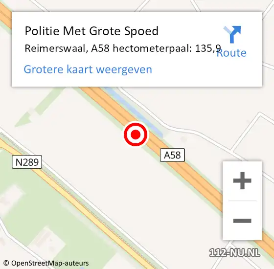 Locatie op kaart van de 112 melding: Politie Met Grote Spoed Naar Reimerswaal, A58 hectometerpaal: 135,9 op 21 juli 2021 18:18
