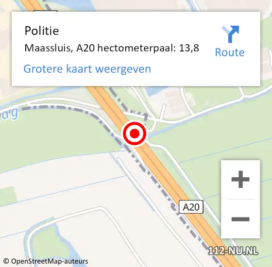 Locatie op kaart van de 112 melding: Politie Maassluis, A20 hectometerpaal: 13,8 op 21 juli 2021 19:25
