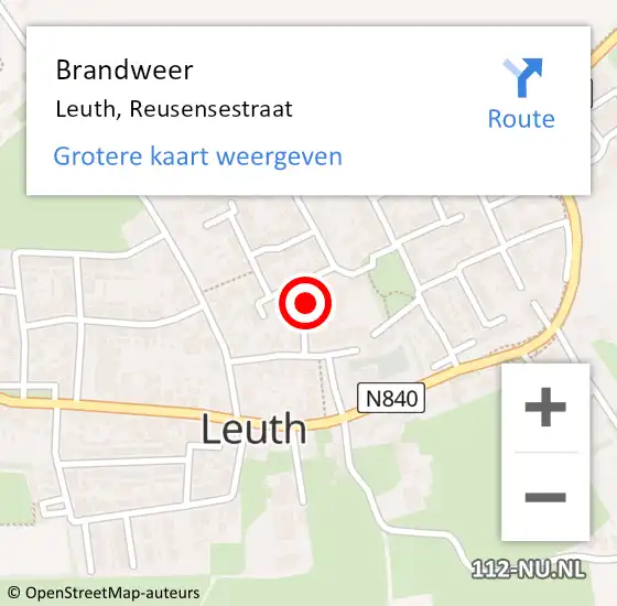 Locatie op kaart van de 112 melding: Brandweer Leuth, Reusensestraat op 17 juni 2014 10:00