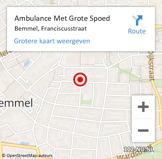 Locatie op kaart van de 112 melding: Ambulance Met Grote Spoed Naar Bemmel, Franciscusstraat op 21 juli 2021 21:39