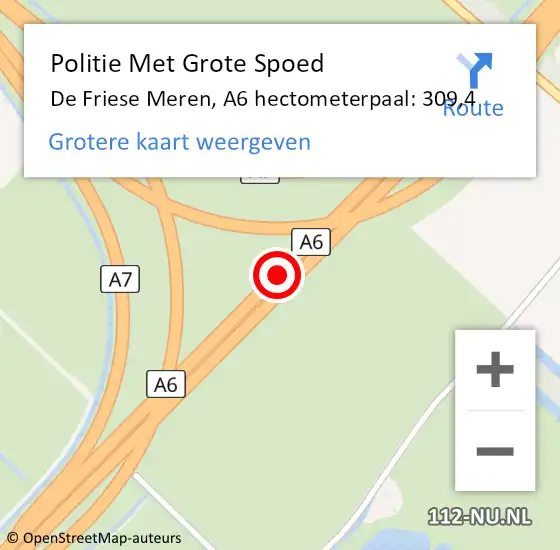 Locatie op kaart van de 112 melding: Politie Met Grote Spoed Naar De Friese Meren, A6 hectometerpaal: 309,4 op 22 juli 2021 01:20