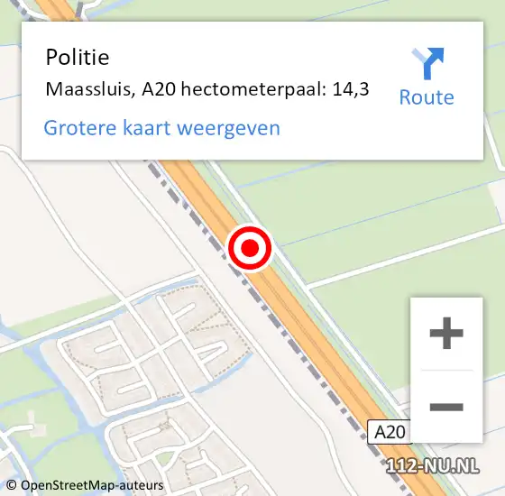 Locatie op kaart van de 112 melding: Politie Maassluis, A20 hectometerpaal: 14,3 op 22 juli 2021 05:18