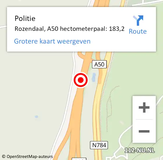 Locatie op kaart van de 112 melding: Politie Rozendaal, A50 hectometerpaal: 183,2 op 22 juli 2021 10:13