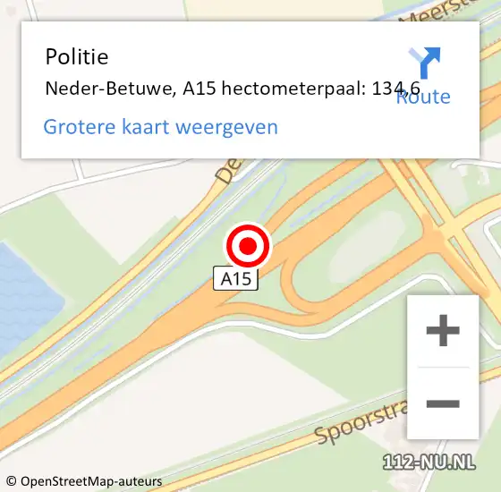 Locatie op kaart van de 112 melding: Politie Neder-Betuwe, A15 hectometerpaal: 134,6 op 22 juli 2021 10:16