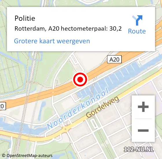 Locatie op kaart van de 112 melding: Politie Rotterdam, A20 hectometerpaal: 30,2 op 22 juli 2021 12:55