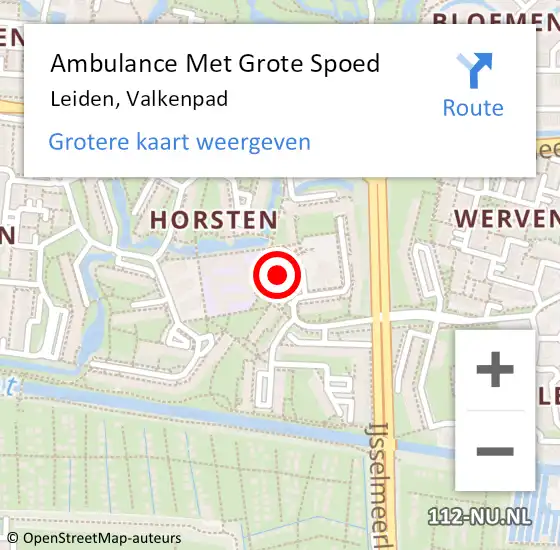Locatie op kaart van de 112 melding: Ambulance Met Grote Spoed Naar Leiden, Valkenpad op 22 juli 2021 13:47