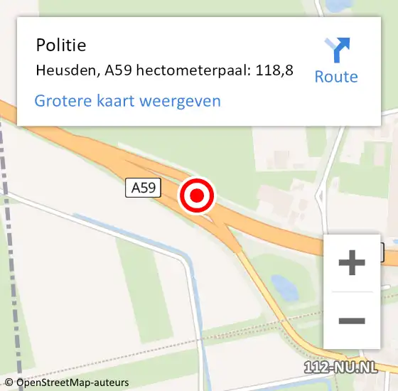 Locatie op kaart van de 112 melding: Politie Heusden, A59 hectometerpaal: 118,8 op 22 juli 2021 13:54
