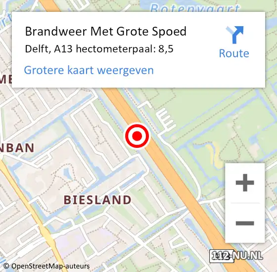 Locatie op kaart van de 112 melding: Brandweer Met Grote Spoed Naar Delft, A13 hectometerpaal: 8,5 op 22 juli 2021 14:55
