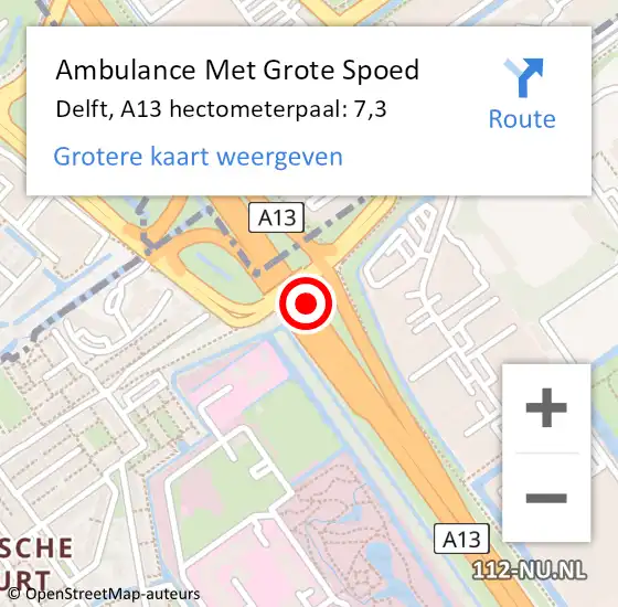 Locatie op kaart van de 112 melding: Ambulance Met Grote Spoed Naar Rijswijk, A13 hectometerpaal: 7,3 op 22 juli 2021 14:55
