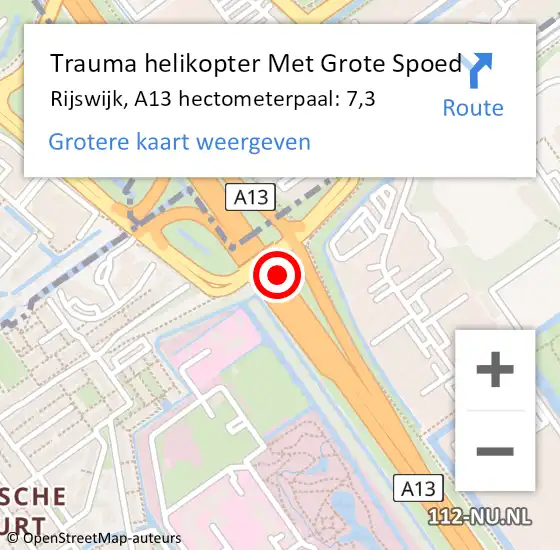 Locatie op kaart van de 112 melding: Trauma helikopter Met Grote Spoed Naar Rijswijk, A13 hectometerpaal: 7,3 op 22 juli 2021 14:56