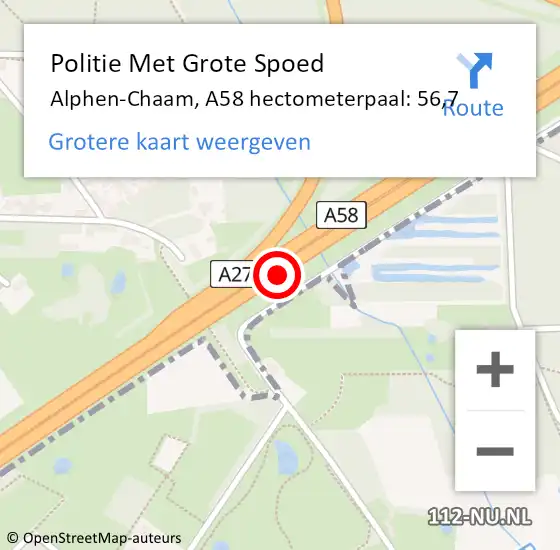 Locatie op kaart van de 112 melding: Politie Met Grote Spoed Naar Alphen-Chaam, A58 hectometerpaal: 56,7 op 22 juli 2021 16:01