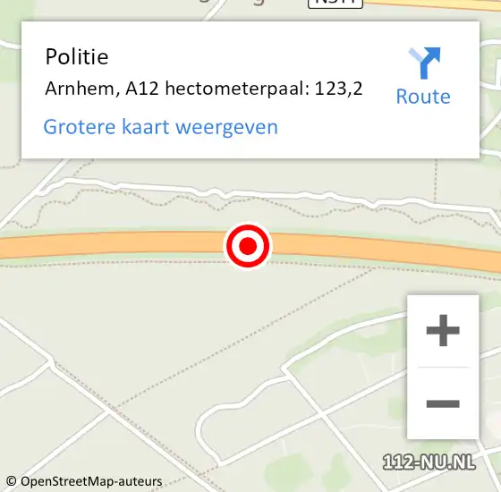 Locatie op kaart van de 112 melding: Politie Arnhem, A12 hectometerpaal: 123,2 op 22 juli 2021 16:11