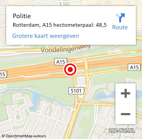 Locatie op kaart van de 112 melding: Politie Rotterdam, A15 hectometerpaal: 48,5 op 22 juli 2021 16:32