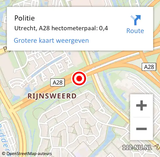 Locatie op kaart van de 112 melding: Politie Utrecht, A28 hectometerpaal: 0,4 op 22 juli 2021 17:18