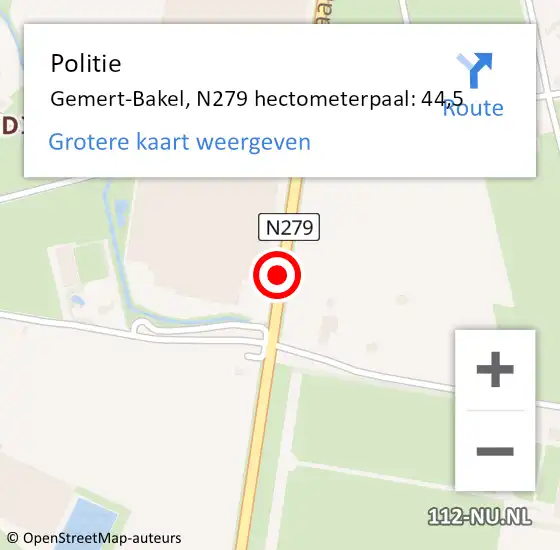 Locatie op kaart van de 112 melding: Politie Gemert-Bakel, N279 hectometerpaal: 44,5 op 22 juli 2021 17:42
