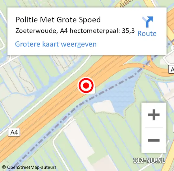 Locatie op kaart van de 112 melding: Politie Met Grote Spoed Naar Zoeterwoude, A4 hectometerpaal: 35,3 op 22 juli 2021 17:58