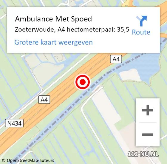 Locatie op kaart van de 112 melding: Ambulance Met Spoed Naar Zoeterwoude, A4 hectometerpaal: 35,5 op 22 juli 2021 17:58