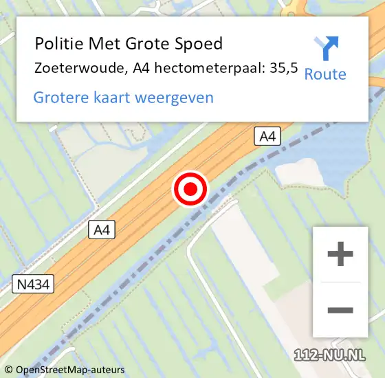 Locatie op kaart van de 112 melding: Politie Met Grote Spoed Naar Zoeterwoude, A4 hectometerpaal: 35,5 op 22 juli 2021 17:59