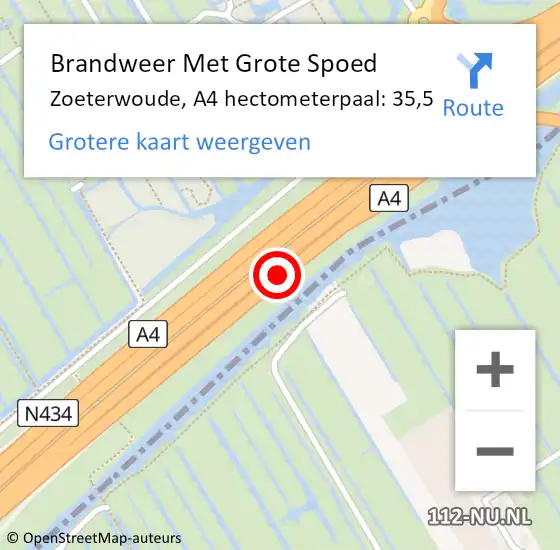 Locatie op kaart van de 112 melding: Brandweer Met Grote Spoed Naar Zoeterwoude, A4 hectometerpaal: 35,5 op 22 juli 2021 18:03