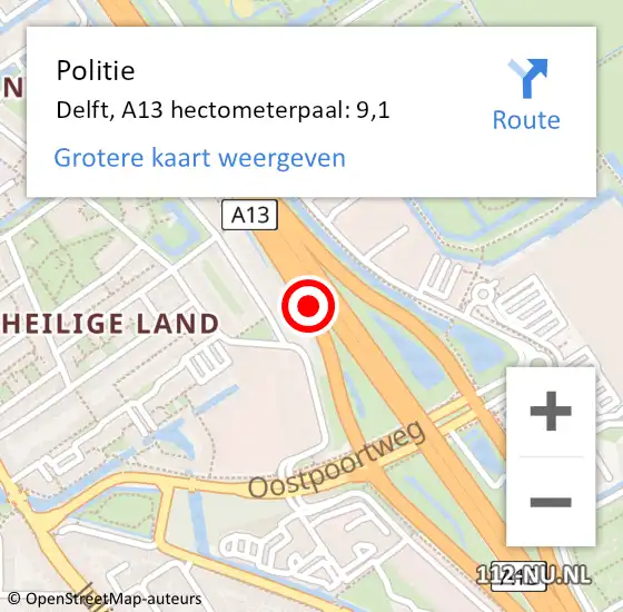 Locatie op kaart van de 112 melding: Politie Delft, A13 hectometerpaal: 9,1 op 22 juli 2021 19:32