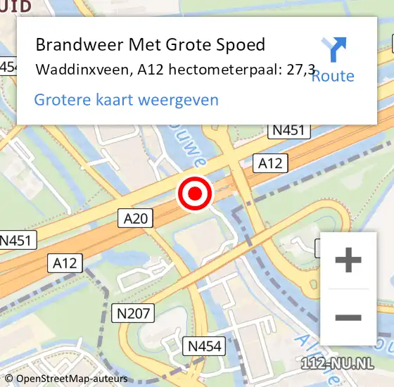 Locatie op kaart van de 112 melding: Brandweer Met Grote Spoed Naar Waddinxveen, A12 hectometerpaal: 27,3 op 22 juli 2021 19:49