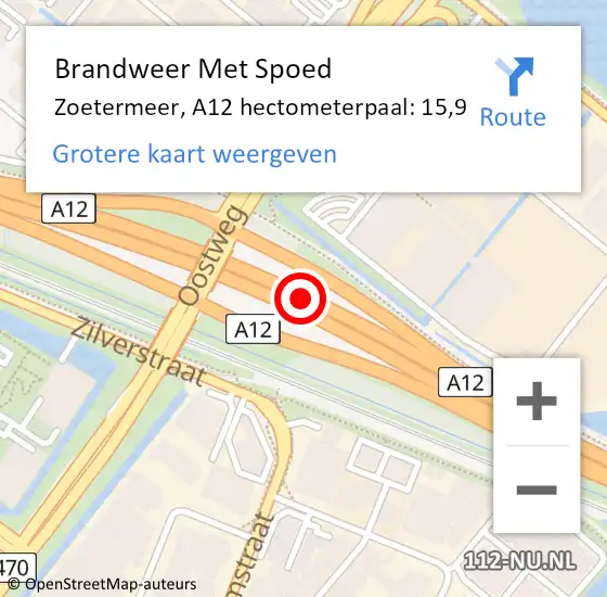 Locatie op kaart van de 112 melding: Brandweer Met Spoed Naar Zoetermeer, A12 hectometerpaal: 15,9 op 22 juli 2021 21:09