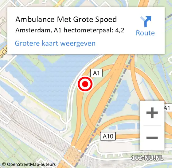 Locatie op kaart van de 112 melding: Ambulance Met Grote Spoed Naar Amsterdam, A1 hectometerpaal: 4,2 op 22 juli 2021 22:59