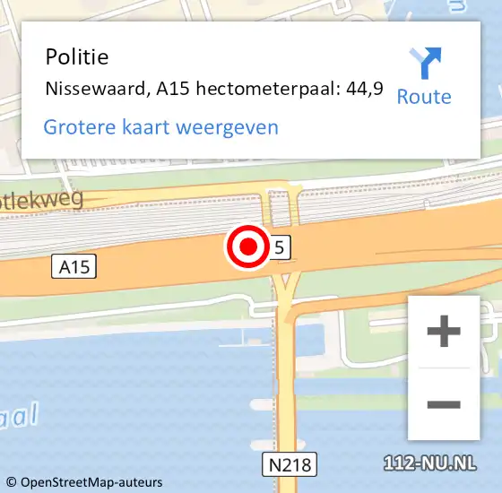 Locatie op kaart van de 112 melding: Politie Bernisse, A15 hectometerpaal: 44,9 op 23 juli 2021 07:32