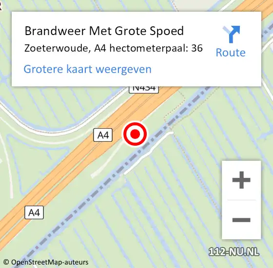 Locatie op kaart van de 112 melding: Brandweer Met Grote Spoed Naar Zoeterwoude, A4 hectometerpaal: 36 op 23 juli 2021 09:02