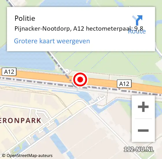 Locatie op kaart van de 112 melding: Politie Pijnacker-Nootdorp, A12 hectometerpaal: 9,8 op 23 juli 2021 09:34
