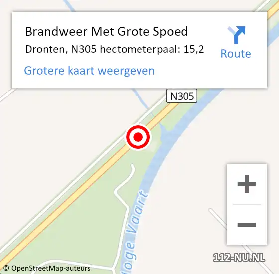 Locatie op kaart van de 112 melding: Brandweer Met Grote Spoed Naar Dronten, N305 hectometerpaal: 15,2 op 23 juli 2021 10:09