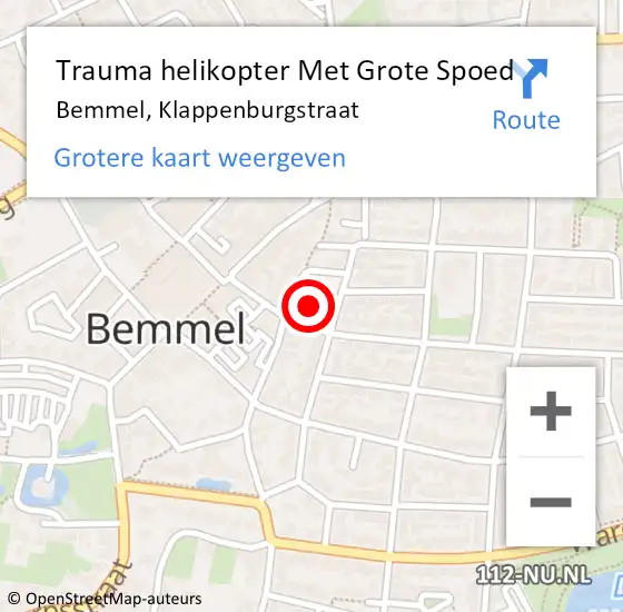 Locatie op kaart van de 112 melding: Trauma helikopter Met Grote Spoed Naar Bemmel, Klappenburgstraat op 23 juli 2021 10:51
