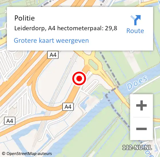 Locatie op kaart van de 112 melding: Politie Leiderdorp, A4 hectometerpaal: 29,8 op 23 juli 2021 12:32