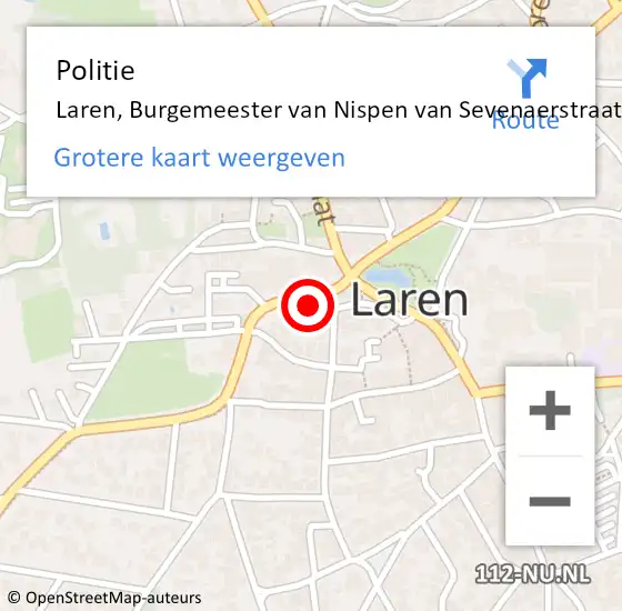 Locatie op kaart van de 112 melding: Politie Laren, Burgemeester van Nispen van Sevenaerstraat op 23 juli 2021 12:50