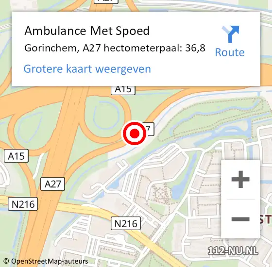 Locatie op kaart van de 112 melding: Ambulance Met Spoed Naar Gorinchem, A27 hectometerpaal: 36,8 op 23 juli 2021 13:42