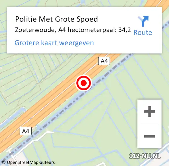 Locatie op kaart van de 112 melding: Politie Met Grote Spoed Naar Zoeterwoude, A4 hectometerpaal: 34,2 op 23 juli 2021 15:35