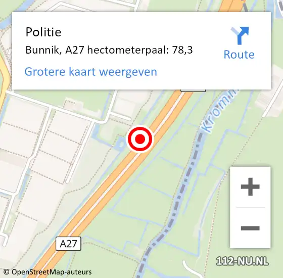 Locatie op kaart van de 112 melding: Politie Bunnik, A27 hectometerpaal: 78,3 op 23 juli 2021 15:55