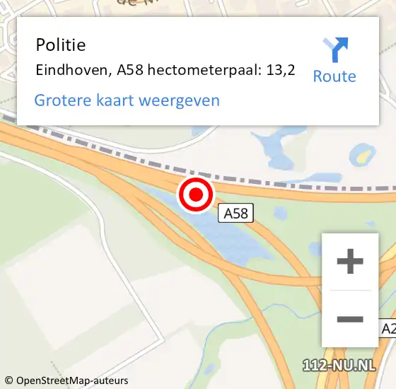 Locatie op kaart van de 112 melding: Politie Eindhoven, A58 hectometerpaal: 13,2 op 23 juli 2021 15:58