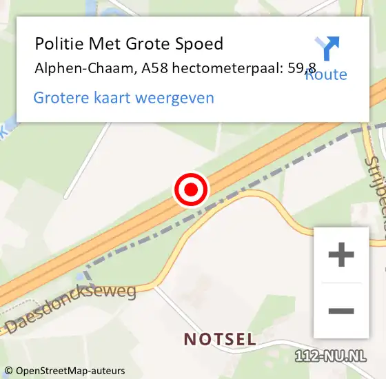 Locatie op kaart van de 112 melding: Politie Met Grote Spoed Naar Alphen-Chaam, A58 hectometerpaal: 59,8 op 23 juli 2021 16:41