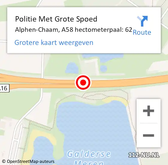 Locatie op kaart van de 112 melding: Politie Met Grote Spoed Naar Alphen-Chaam, A58 hectometerpaal: 62 op 23 juli 2021 16:42