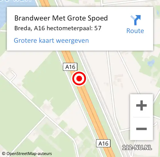 Locatie op kaart van de 112 melding: Brandweer Met Grote Spoed Naar Breda, A16 hectometerpaal: 57 op 23 juli 2021 16:42