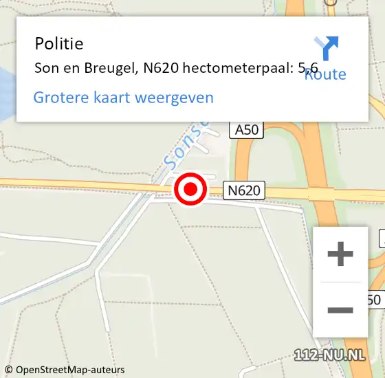 Locatie op kaart van de 112 melding: Politie Son en Breugel, N620 hectometerpaal: 5,6 op 23 juli 2021 16:52