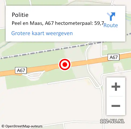 Locatie op kaart van de 112 melding: Politie Peel en Maas, A67 hectometerpaal: 59,7 op 23 juli 2021 20:49