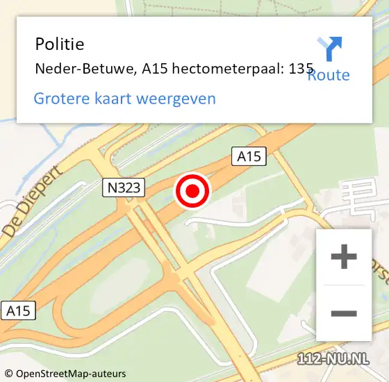 Locatie op kaart van de 112 melding: Politie Neder-Betuwe, A15 hectometerpaal: 135 op 23 juli 2021 22:37