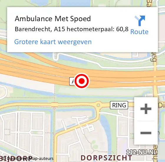 Locatie op kaart van de 112 melding: Ambulance Met Spoed Naar Barendrecht, A15 hectometerpaal: 60,8 op 23 juli 2021 22:52