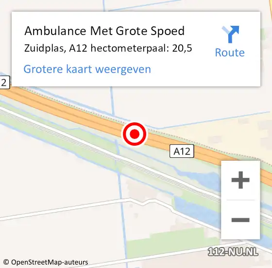 Locatie op kaart van de 112 melding: Ambulance Met Grote Spoed Naar Zuidplas, A12 hectometerpaal: 20,5 op 23 juli 2021 23:27