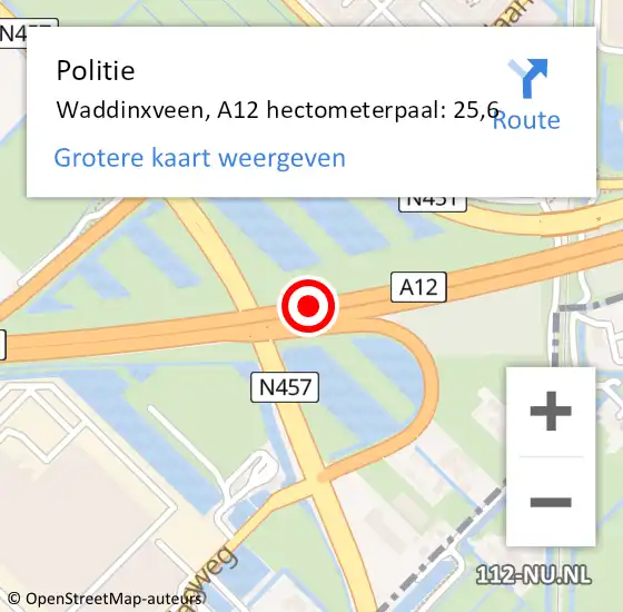 Locatie op kaart van de 112 melding: Politie Waddinxveen, A12 hectometerpaal: 25,6 op 24 juli 2021 01:34