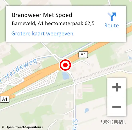 Locatie op kaart van de 112 melding: Brandweer Met Spoed Naar Barneveld, A1 hectometerpaal: 62,5 op 24 juli 2021 06:13